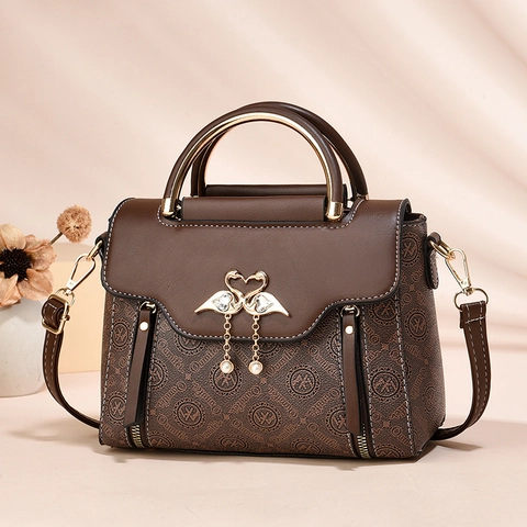 Borsa A Mano Vintage Stampa Monogramma Pelle PU Manico In Metallo Ciondolo Perla Artificial Elegante Borsa A Tracolla Donna