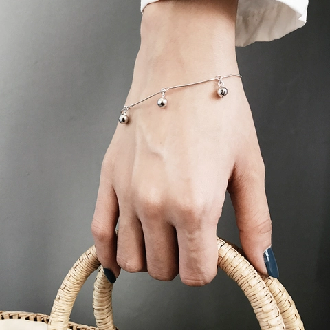 925 Sterling Silber Glocken Armband Mit Runden Perlen Schlangenkette Minimalistischer Koreanischer Stil Schmuck Für Damen