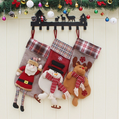 Christmas Stockings 3D Santa Snowman Reindeer Burlap Non-woven Plaid Hanging Large Holiday Fireplace Tree Decoration
