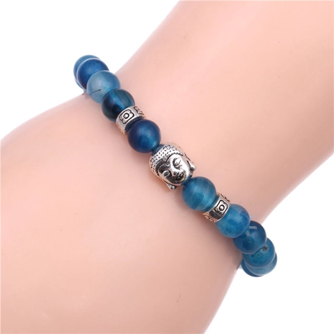 Buddha Head Beaded Bracelet Natural Stone Ethnic Spiritual Yoga Elastic Men Women Jewelry Alloy Charm