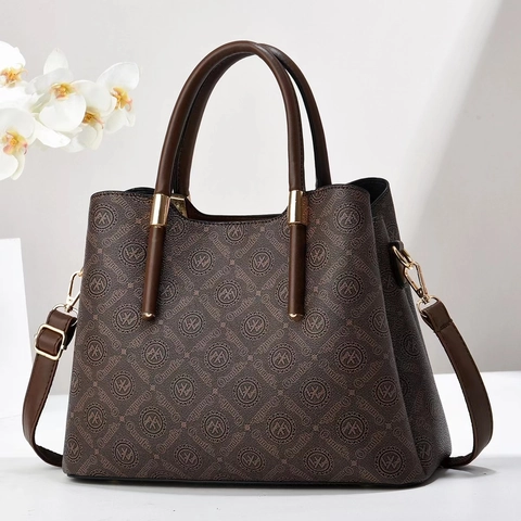 Bolso De Mano Para Mujer De Cuero PU Gran Capacidad Estampado De Letras Retro Tote Con Correa Ajustable Herrajes Dorados