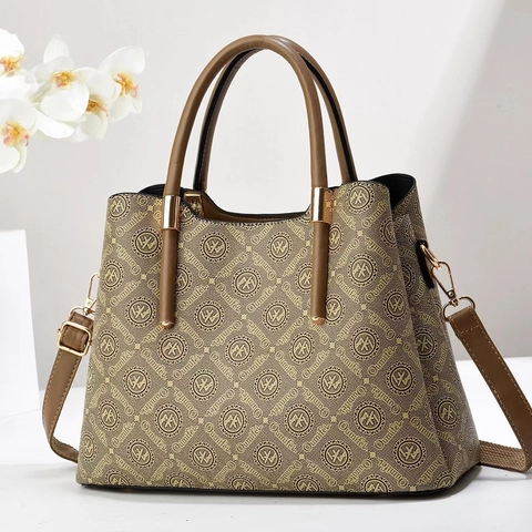 Bolso De Mano Para Mujer De Cuero PU Gran Capacidad Estampado De Letras Retro Tote Con Correa Ajustable Herrajes Dorados