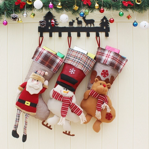 Christmas Stockings 3D Santa Snowman Reindeer Burlap Non-woven Plaid Hanging Large Holiday Fireplace Tree Decoration