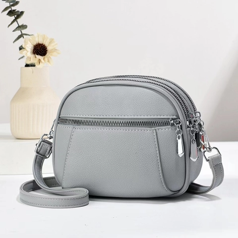 Women Crossbody Bag Lychee Texture PU Leather Multi Layer Zipper Multi Compartment Small Shoulder Bag Trendy Versatile