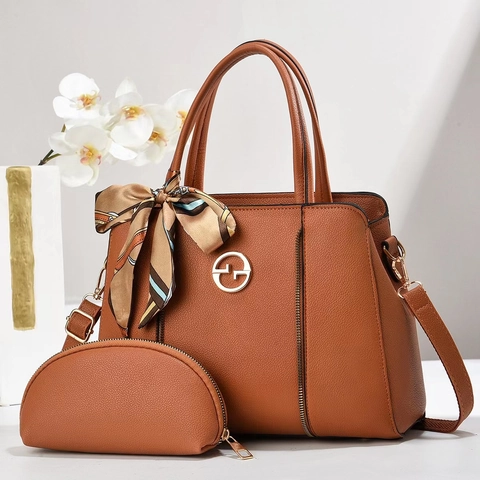 Borsa A Mano Da Donna In Pelle PU Motivo Litchi Grande Capacità Set Borsa Tote Con Decorazione Foulard E Portafoglio Piccolo