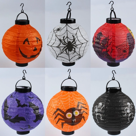 Halloween LED Glowing Paper Lantern Foldable Hanging Light Pumpkin Spider Bat Pattern Party Decoration Accessory