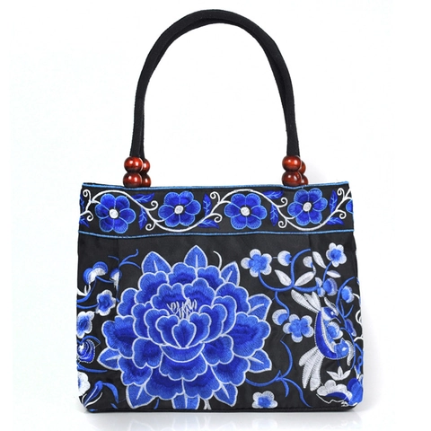 Women's Canvas Handbag With Ethnic Flower Embroidery And Wood Beads Retro Chinese Style Tote Bag Zipper Closure