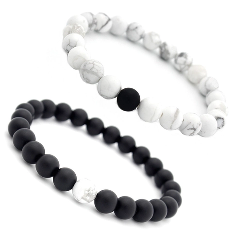 Natuurlijk Wit Turkoois Mat Zwart Steen Ronde Kralen Elastische Armbanden Paar Afstand Relatie Handgemaakte Sieraden