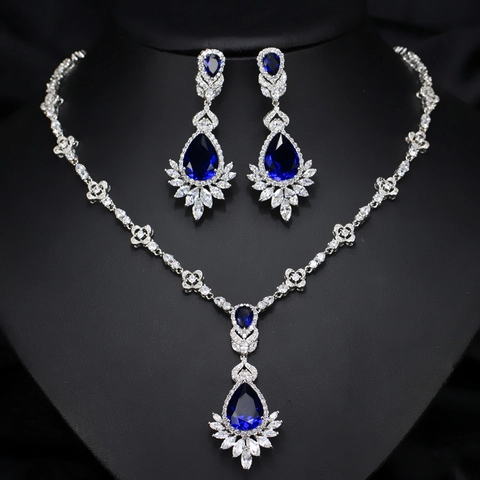 Luxury Bridal Wedding Jewelry Set Brass AAA Zirconia Water Drop Pendant Necklace Dangle Earrings For Women Party Banquet