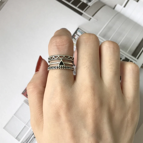 925 Sterling Silver Vintage Ring Geometric Triangle Rectangle Circle Black Resin Retro Open Adjustable Jewelry For Women