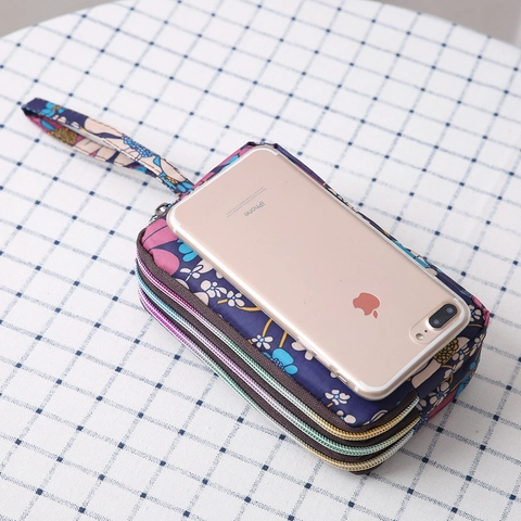 Women Canvas Floral Print Multi Layer Zipper Clutch Wallet Large Capacity Coin Purse Phone Bag With Wrist Strap