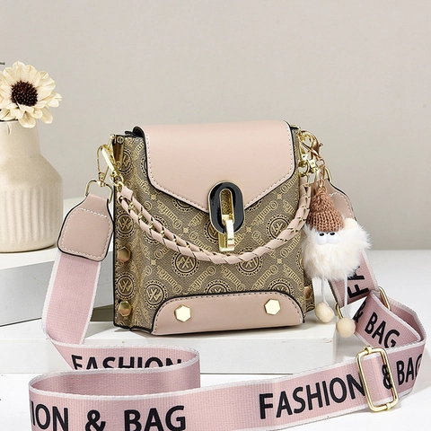 Women Crossbody Bag PU Monogram Print Square Shoulder Bag Wide Strap Plush Keychain Fashion Daily Handbag