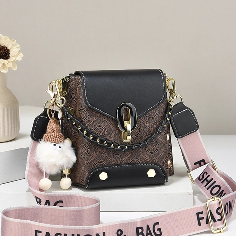 Women Crossbody Bag PU Monogram Print Square Shoulder Bag Wide Strap Plush Keychain Fashion Daily Handbag