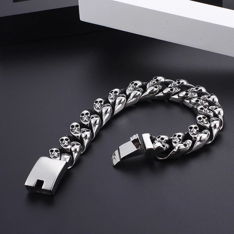 Men Punk Skull Jewelry Stainless Steel Cuban Link Bracelet And Ring Vintage Retro Gothic Biker Style