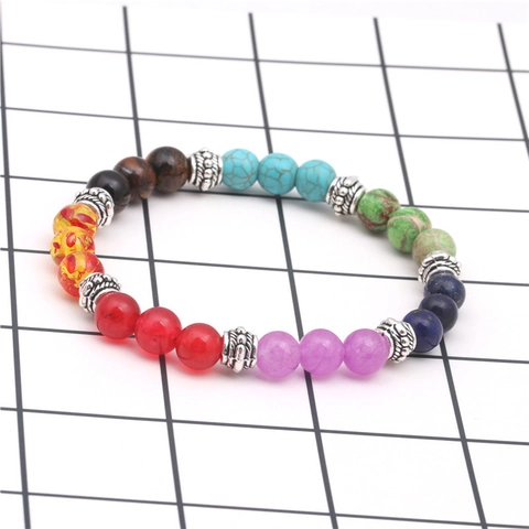 Natural Tiger Eye Seven Chakra Agate Beaded Bracelet Healing Yoga Ethnic Style Alloy Beads Elastic Wristband Men Jewelry
