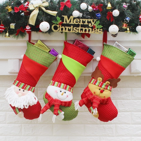 Christmas Stockings Dimensional Santa Snowman Reindeer Knitted Non-Woven Fabric Hanging Fireplace Decor Festive Party