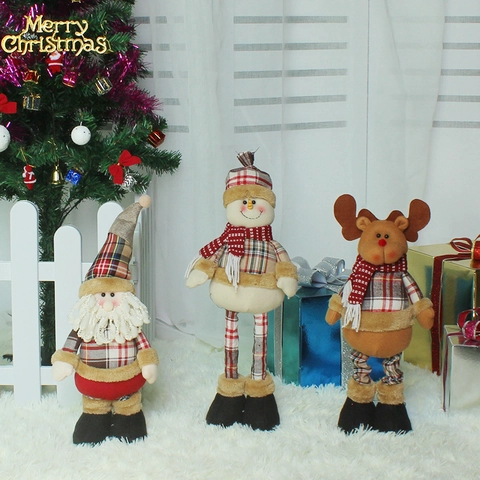 Christmas Retractable Plush Doll Plaid Fabric Adjustable Height Telescopic Leg Santa Snowman Reindeer Desktop Ornament