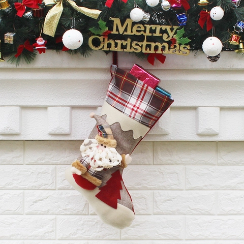 Calza Di Natale Sacco Regalo Appeso Babbo Natale Pupazzo Di Neve Renna Personaggio 3D Quadri Tessuto Lino Decorazione