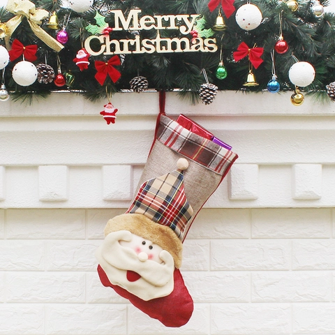 Calze Di Natale Grandi Lino Plaid Tessuto Non Tessuto Natale Sacchetto Regalo Appeso Ornamento Per Camino Decorazione Festa