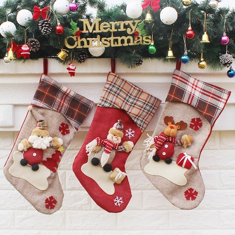 Christmas Stockings Burlap Linen Plaid Fabric Santa Snowman Reindeer Doll Snowflake Embroidery Fireplace Hanging Gift Bags