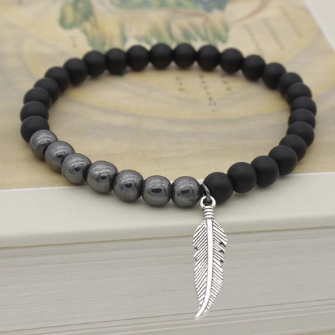 Pulsera De Cuentas Piedra Negra Mate Hematita Aleación Colgante De Hoja Joyería Elástica Estilo Retro Unisex