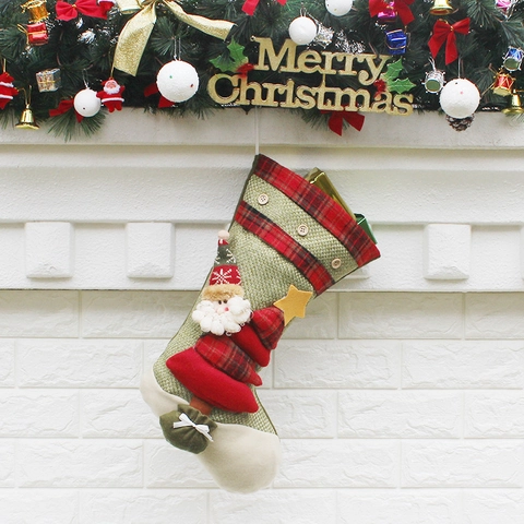 Grote Kerstsokken Jute Linnen Met 3D Kerstman Sneeuwman Applicatie Geruite Rand Open Haard Ophangzakken Feestdecoratie