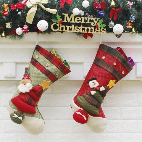 Grote Kerstsokken Jute Linnen Met 3D Kerstman Sneeuwman Applicatie Geruite Rand Open Haard Ophangzakken Feestdecoratie