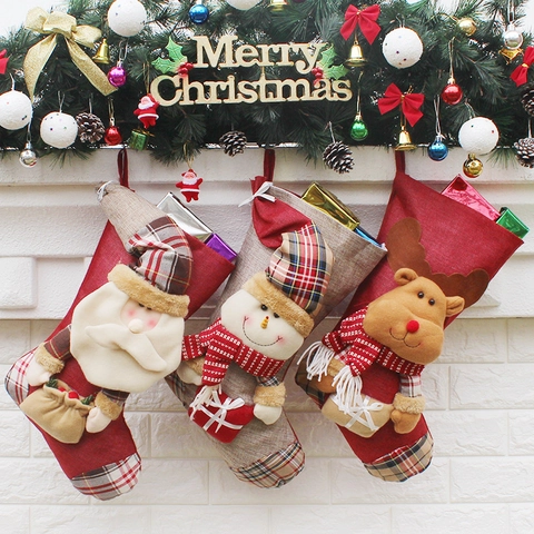 Grote Kerstsokken Cadeauzakjes Linnen Non-Woven Stof 3D Kerstman Sneeuwpop Rendier Feestelijke Open Haard Decoratie