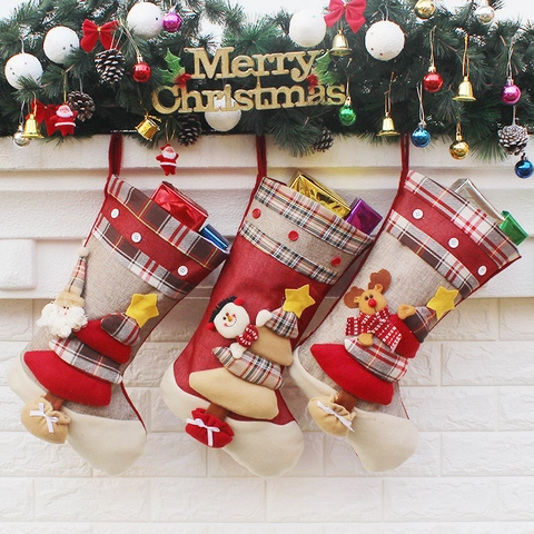 Große Weihnachtsstrümpfe Leinen Karomuster 3D Weihnachtsmann Schneemann Rentier Kamin Hängedekoration Geschenkbeutel