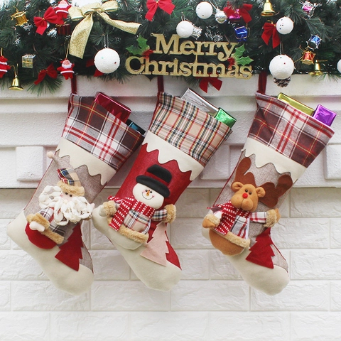 Calza Di Natale Sacco Regalo Appeso Babbo Natale Pupazzo Di Neve Renna Personaggio 3D Quadri Tessuto Lino Decorazione