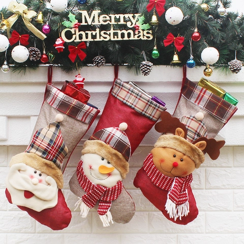 Calze Di Natale Grandi Lino Plaid Tessuto Non Tessuto Natale Sacchetto Regalo Appeso Ornamento Per Camino Decorazione Festa