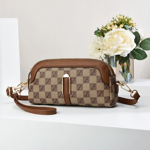 Bolso Bandolera Mini Para Mujer Cuero PU Vintage Cuadros Monograma Bolso De Hombro Con Doble Cremallera Pequeño Para Teléfono