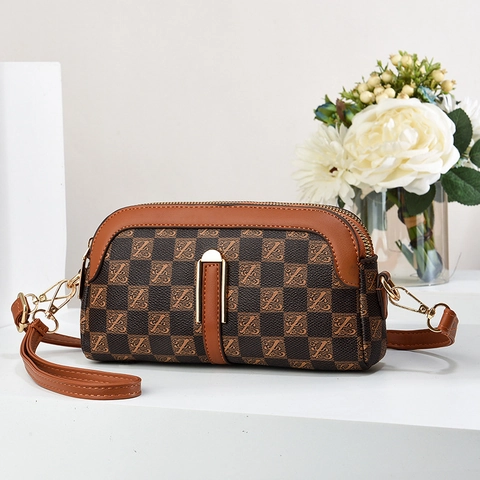 Bolso Bandolera Mini Para Mujer Cuero PU Vintage Cuadros Monograma Bolso De Hombro Con Doble Cremallera Pequeño Para Teléfono
