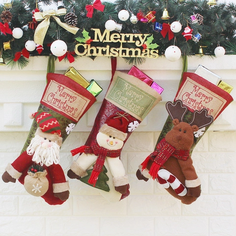 Christmas Stockings Xmas Gift Bags Santa Snowman Reindeer Linen Non-Woven Fabric Dimensional Holiday Hanging Decor
