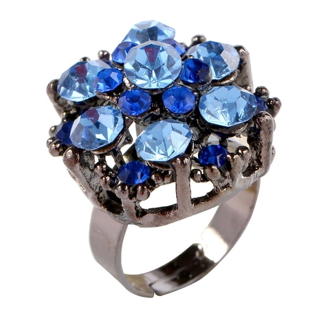Vintage Flower Cluster Rhinestone Statement Ring For Women Adjustable Open Zinc Alloy Jewelry Retro Cocktail Style