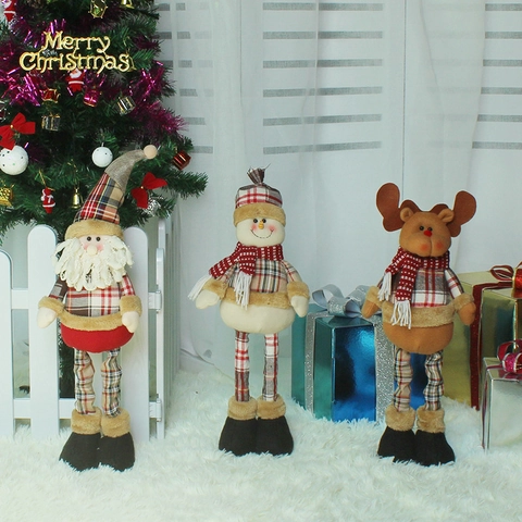 Christmas Retractable Plush Doll Plaid Fabric Adjustable Height Telescopic Leg Santa Snowman Reindeer Desktop Ornament
