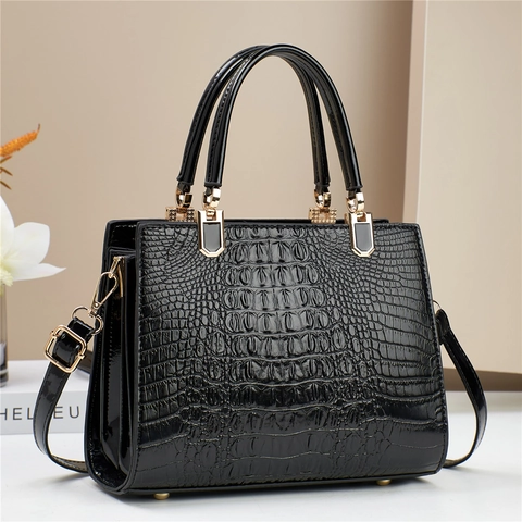 Women Crocodile Pattern Handbag PU Leather Alligator Embossed Top Handle Shoulder Crossbody Bag Glossy Elegant Fashion