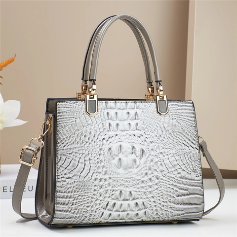 Women Crocodile Pattern Handbag PU Leather Alligator Embossed Top Handle Shoulder Crossbody Bag Glossy Elegant Fashion