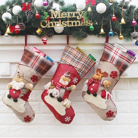 Christmas Stockings Burlap Linen Plaid Fabric Santa Snowman Reindeer Doll Snowflake Embroidery Fireplace Hanging Gift Bags