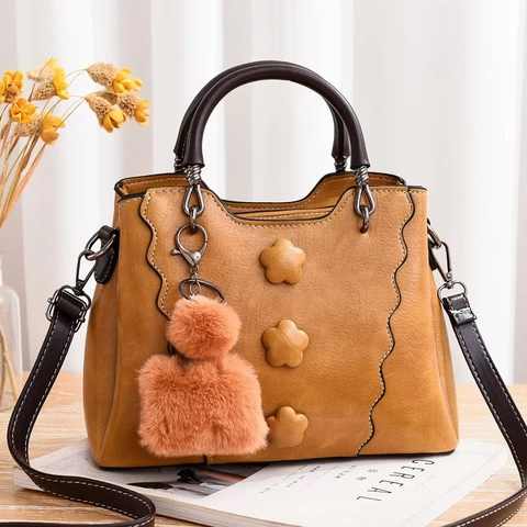Borsa A Spalla Donna Pelle PU Decorazione Floreale Pom Pom Vintage Tote Borsa A Mano Tracolla Grande Capacità Versatile