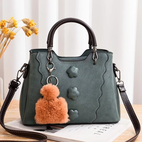 Borsa A Spalla Donna Pelle PU Decorazione Floreale Pom Pom Vintage Tote Borsa A Mano Tracolla Grande Capacità Versatile