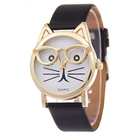 Cute Cartoon Cat Face Quartz Watch With Golden Glasses Alloy Case PU Leather Strap Fashion Analog Wristwatch For Women