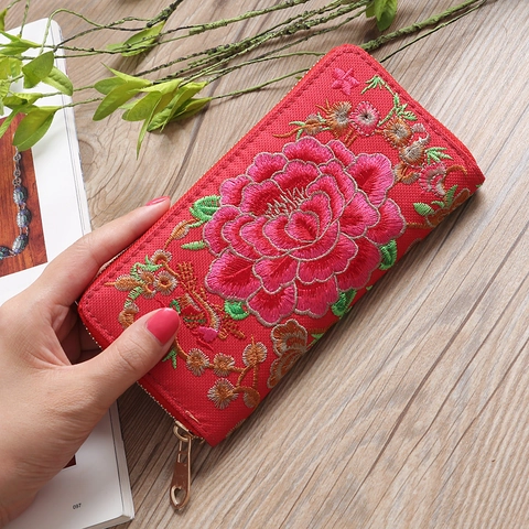 Women Long Wallet Ethnic Peony Embroidery Canvas Fabric Zipper Clutch Purse Traditional Style Elegant Handheld Storage
