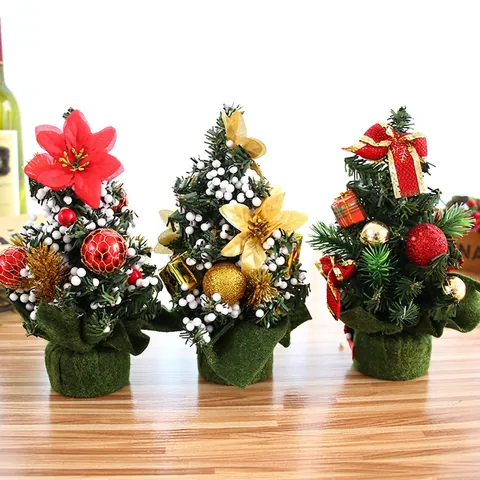 Artificial Mini Christmas Tree Decoration Desktop Ornament Snow Tipped Pine With Poinsettia Flower Bows And Balls PVC Cloth