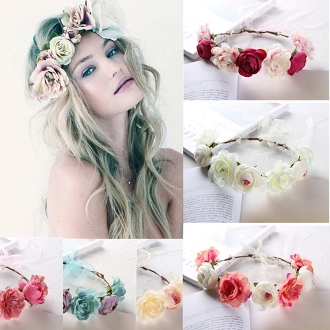 Flower Crown Headband Satin Fabric Rose Floral Bridal Headpiece Bohemian Garland With Adjustable Ribbon For Wedding Travel