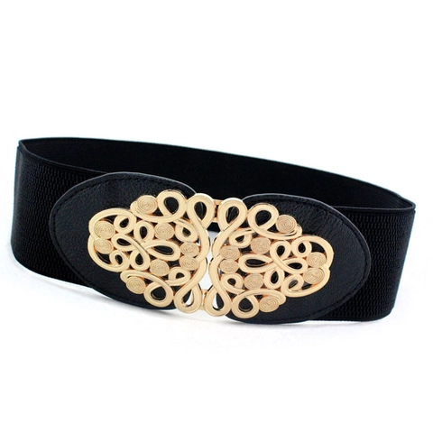 Cintura Elastica Larga Da Donna Corsetto In Ecopelle Elasticizzata Fibbia In Lega Dorata Decorativa Vintage