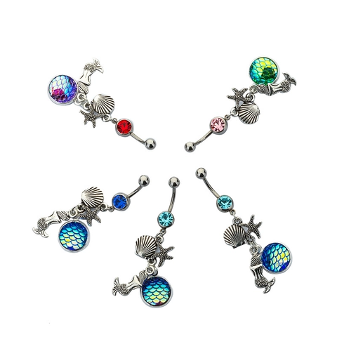 Mermaid Tail Starfish Shell Belly Button Ring Stainless Steel Zircon Navel Piercing Jewelry Ocean Theme Dangle Women