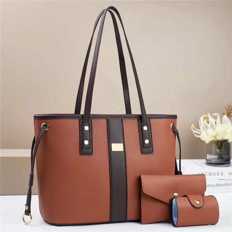Set di Borse da Donna 3 In 1 in Pelle PU Grana Litchi Borsa Tote di Grande Capacità Con Portafoglio e Mini Pochette