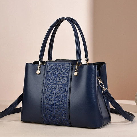 Women Elegant Handbag PU Leather Chinese Style Embroidery Large Capacity With Detachable Strap And Artificial Pearl Charm