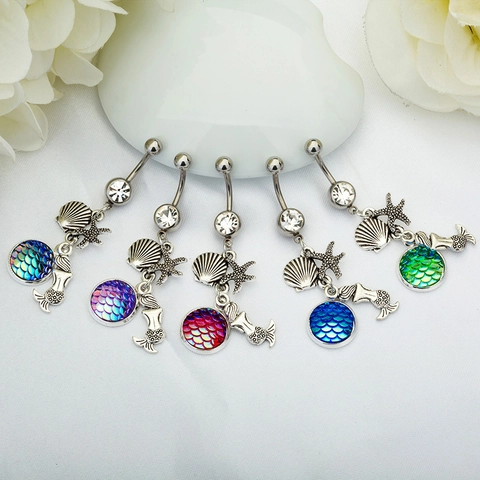 Mermaid Tail Starfish Shell Belly Button Ring Stainless Steel Zircon Navel Piercing Jewelry Ocean Theme Dangle Women